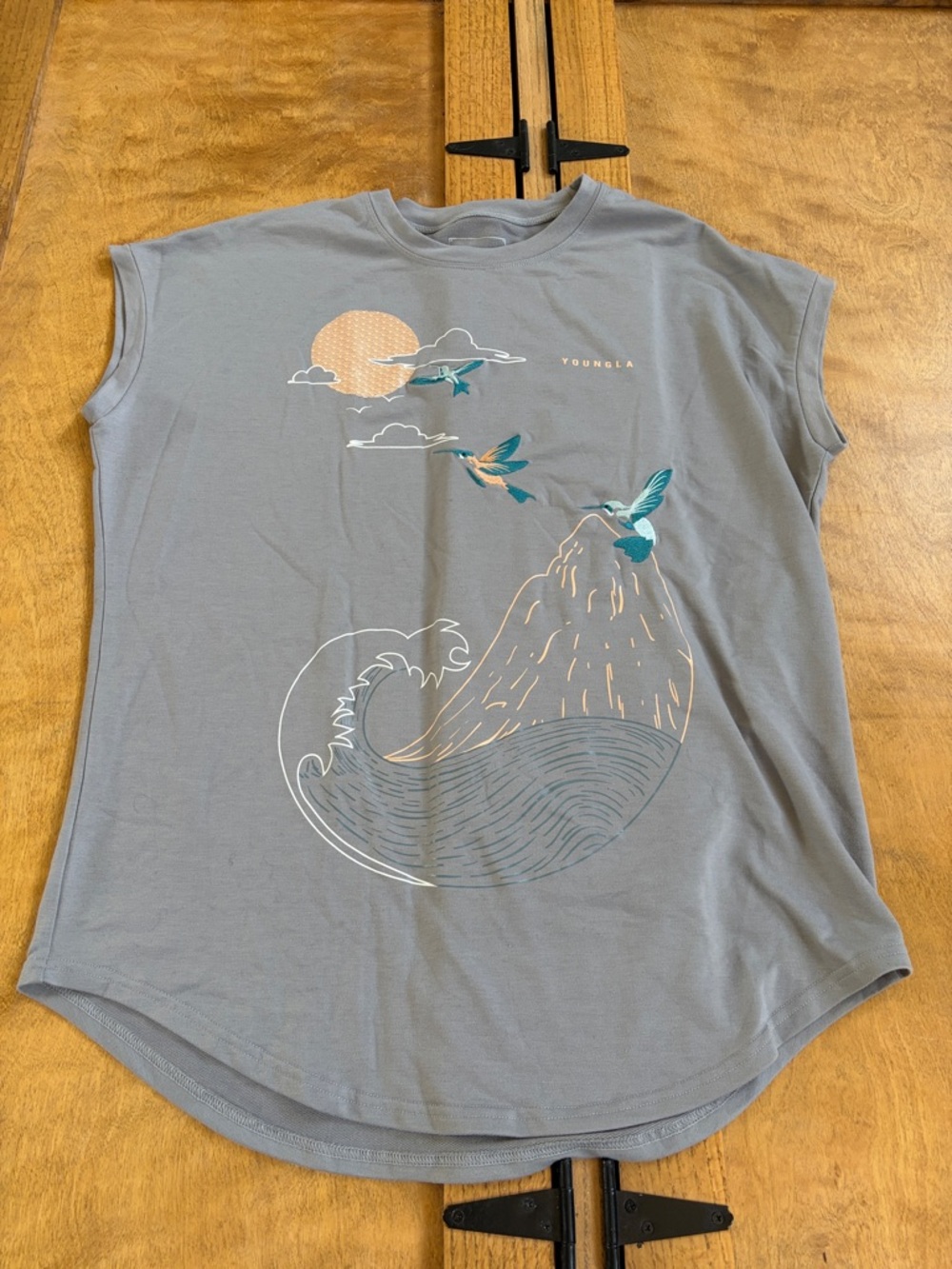 YoungLA Gray Tee with Teal Hummingbird & Peach Sun Graphic
